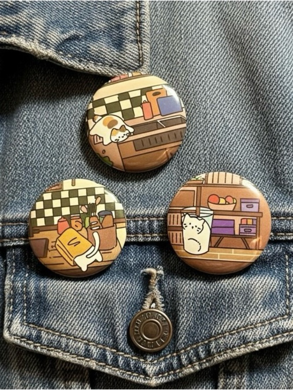 Cozy Cat Kitchen Button Set 1.25in Handmade Upcycled Pins